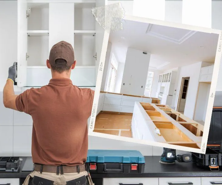 A professional kitchen renovation specialist is meticulously installing custom white shaker cabinets in a modern kitchen. This photo captures the transformation from a bare space to a dream kitchen, with sleek black hardware and pristine countertops. Perfect for those looking to remodel, this image exemplifies quality craftsmanship and the attention to detail that homeowners seek when choosing a contractor for a high-end kitchen upgrade. Follow this journey to a stunning kitchen reveal, showcasing the expertise and precision in custom kitchen installations.