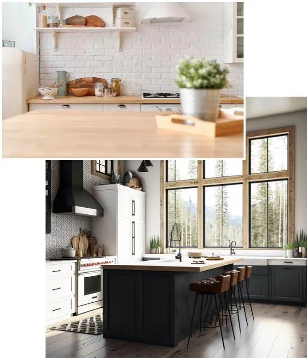 The image presents a split view of two tastefully designed kitchens. The top kitchen exudes a warm, Scandinavian charm with its minimalist aesthetic, featuring clean lines, a subtle color palette, and natural wood countertops. White open shelving against a brick backsplash offers a rustic yet modern feel, perfect for displaying everyday kitchen essentials.  Below, a more dramatic kitchen showcases bold, dark cabinetry for a striking contrast against a backdrop of stunning mountain views through large windows. This kitchen blends modern design with rustic touches, such as the classic subway tile backsplash and leather bar stools, to create a welcoming space for cooking and entertaining amidst a natural setting.  Both kitchens are well-appointed with stainless steel appliances, demonstrating a harmonious balance between style and functionality, making them the heart of the home.