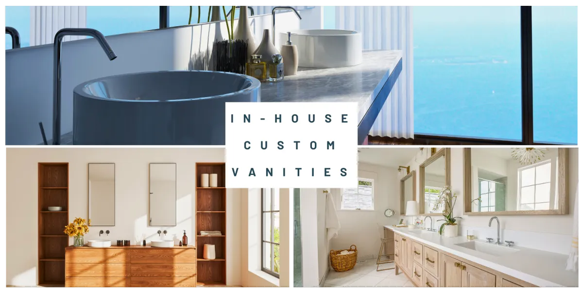 Custom bathroom vanities with modern, wood, and double-sink designs crafted in-house by Elci Cabinets and Floors.