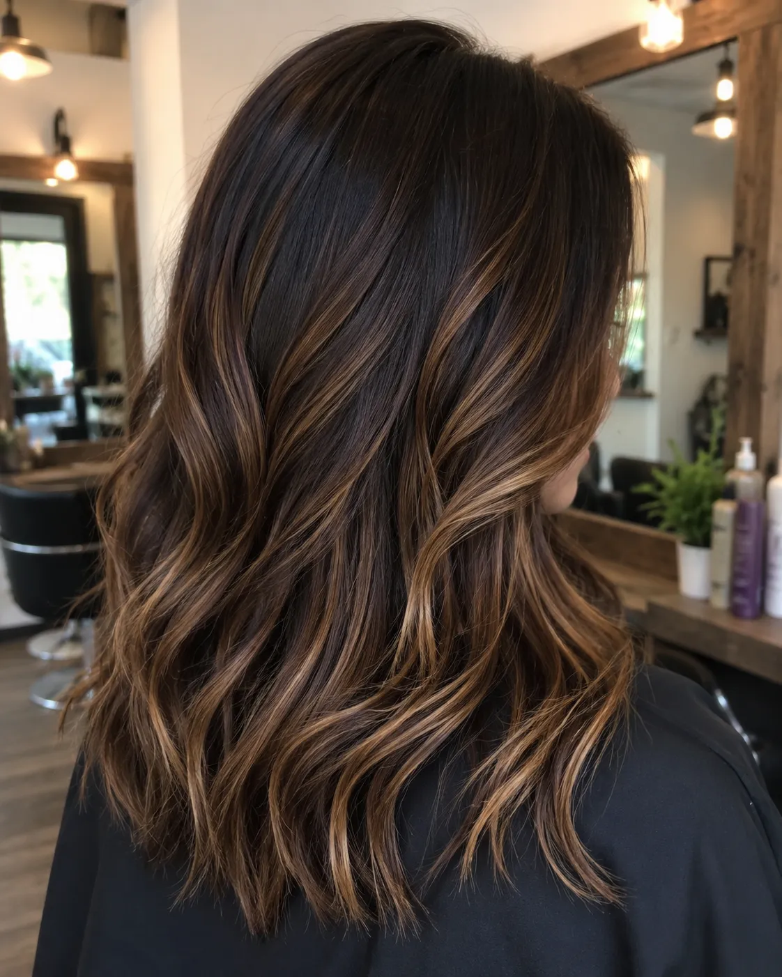 Dark brown hair with soft partial balayage highlights
