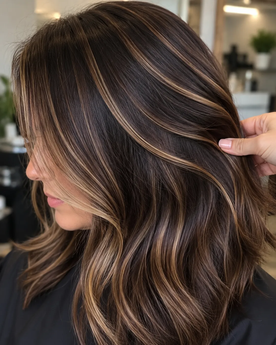 Close-up of partial foil highlights blending into natural brown hair