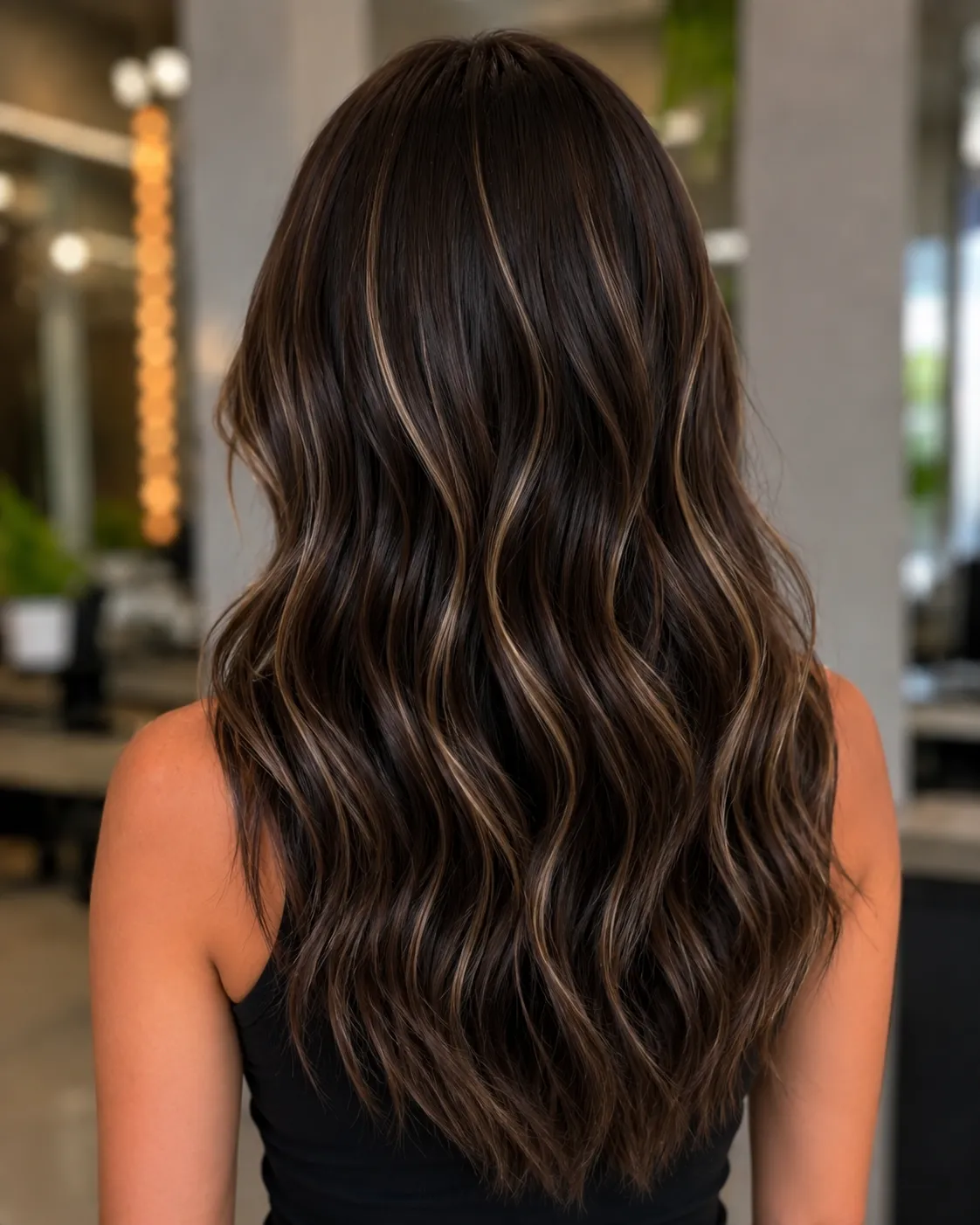 Natural-looking mini highlights blended into long wavy brunette hair