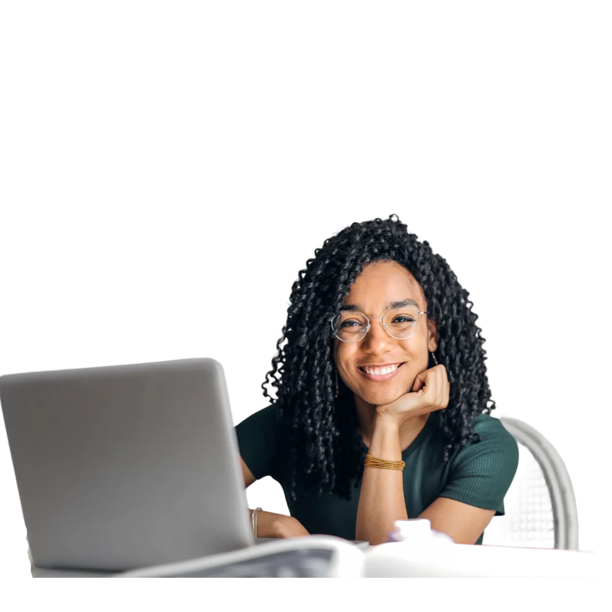 a woman with laptop smiling