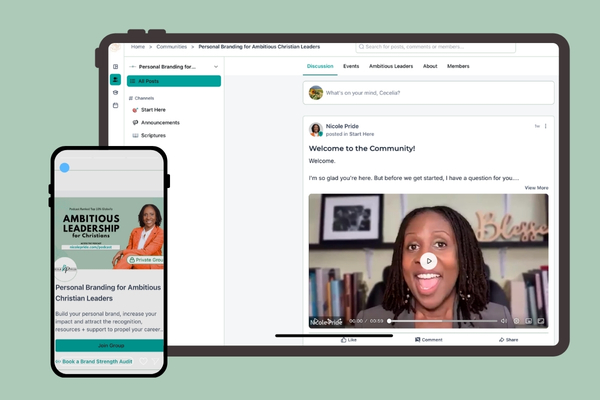 Desktop and cell phone that displays the Ambitious Leadership Insider Community