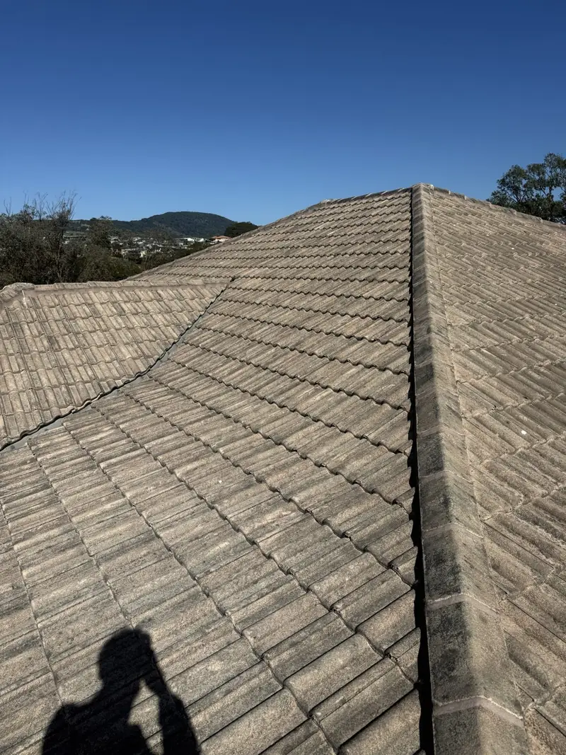 Concrete tile roof in Mount Keira grey with lichen and grime before cleaning