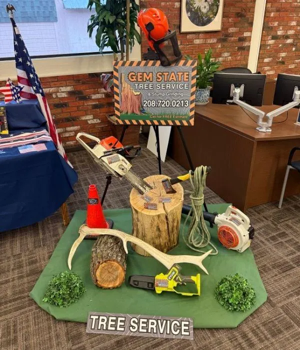 Gem State Tree Service and Stump Grinding equipment display with chainsaws, safety gear, and company sign at community event in Idaho