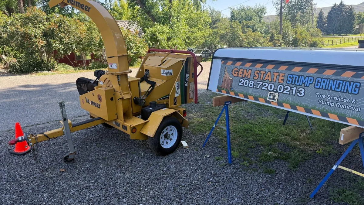 Professional fire mitigation wood chipper equipment for defensible space clearing and wildfire prevention in Sun Valley Idaho