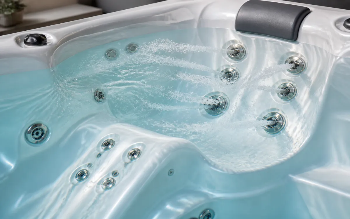 Close-up of a grey hot tub interior showing powerful water jets in action.