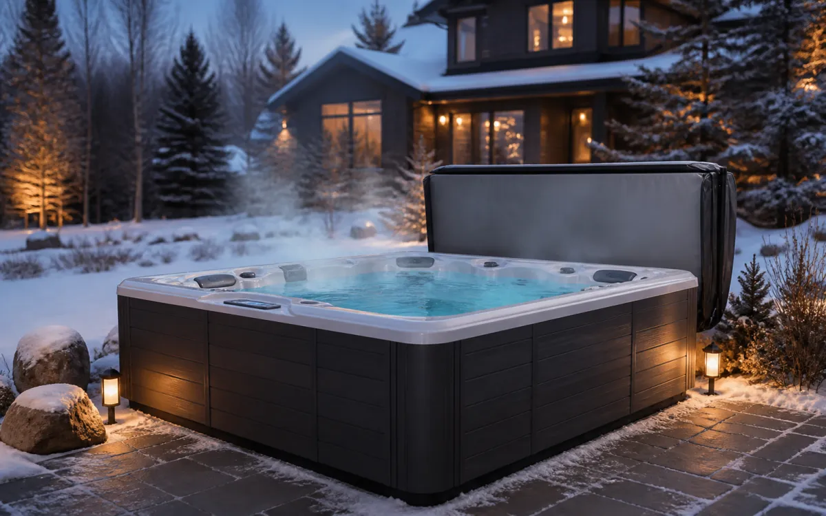 An outdoor hot tub with a dark grey cover closed, situated on a snowy patio area.