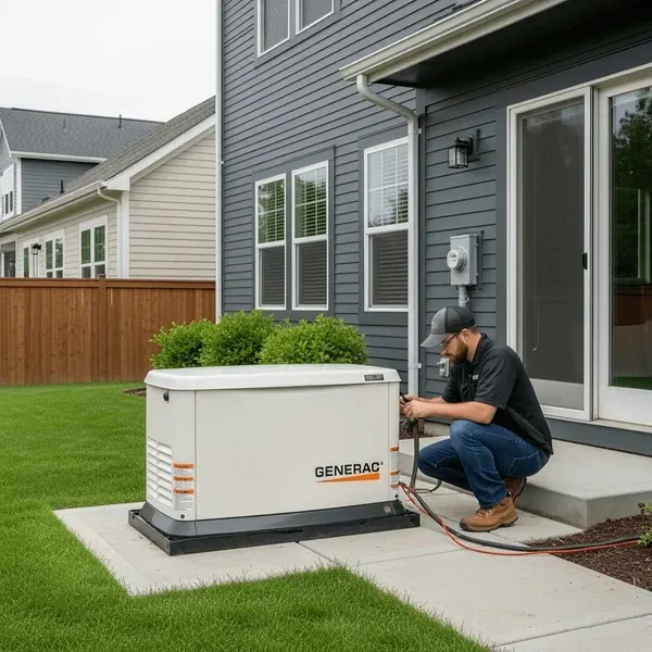 electrician installing outdoor stanby generator in backyard for Putnam NY home