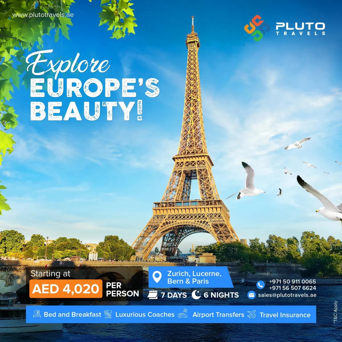 Europe Package Zurich, Lucerne, Bern and Paris. 4020/person