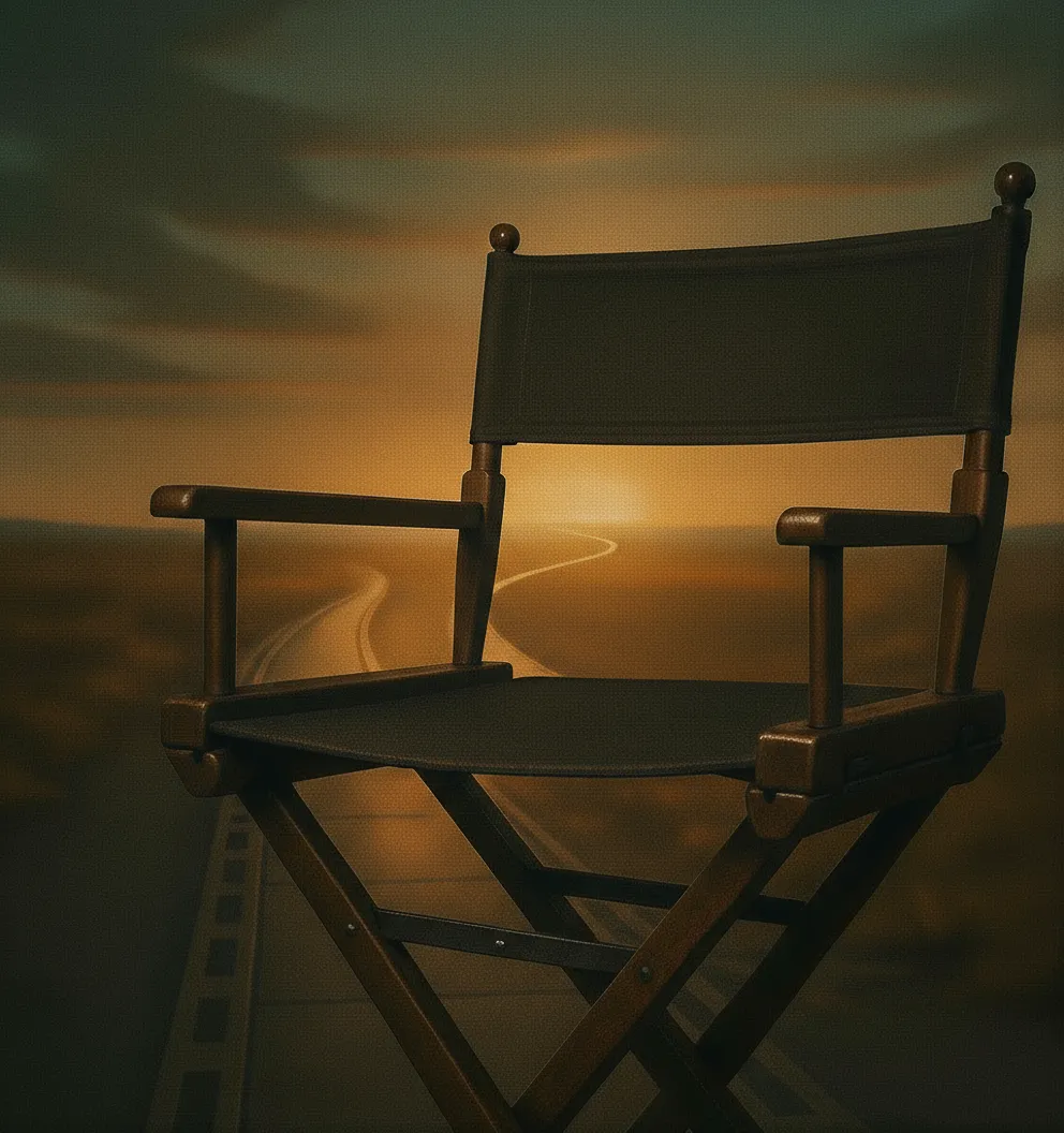 Empty director's chair overlooking an open road at sunset — Tony Suriano's Direct Your Life. Your seat is waiting.