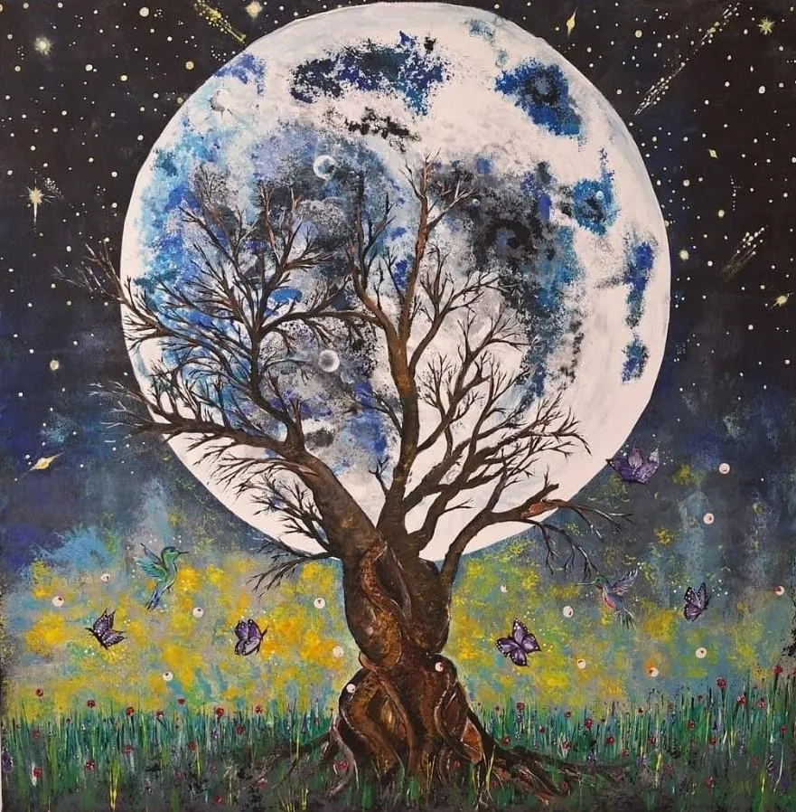	Supermoon Tree – Handgemaltes Leinwandbild Schweiz, Original von Peggy