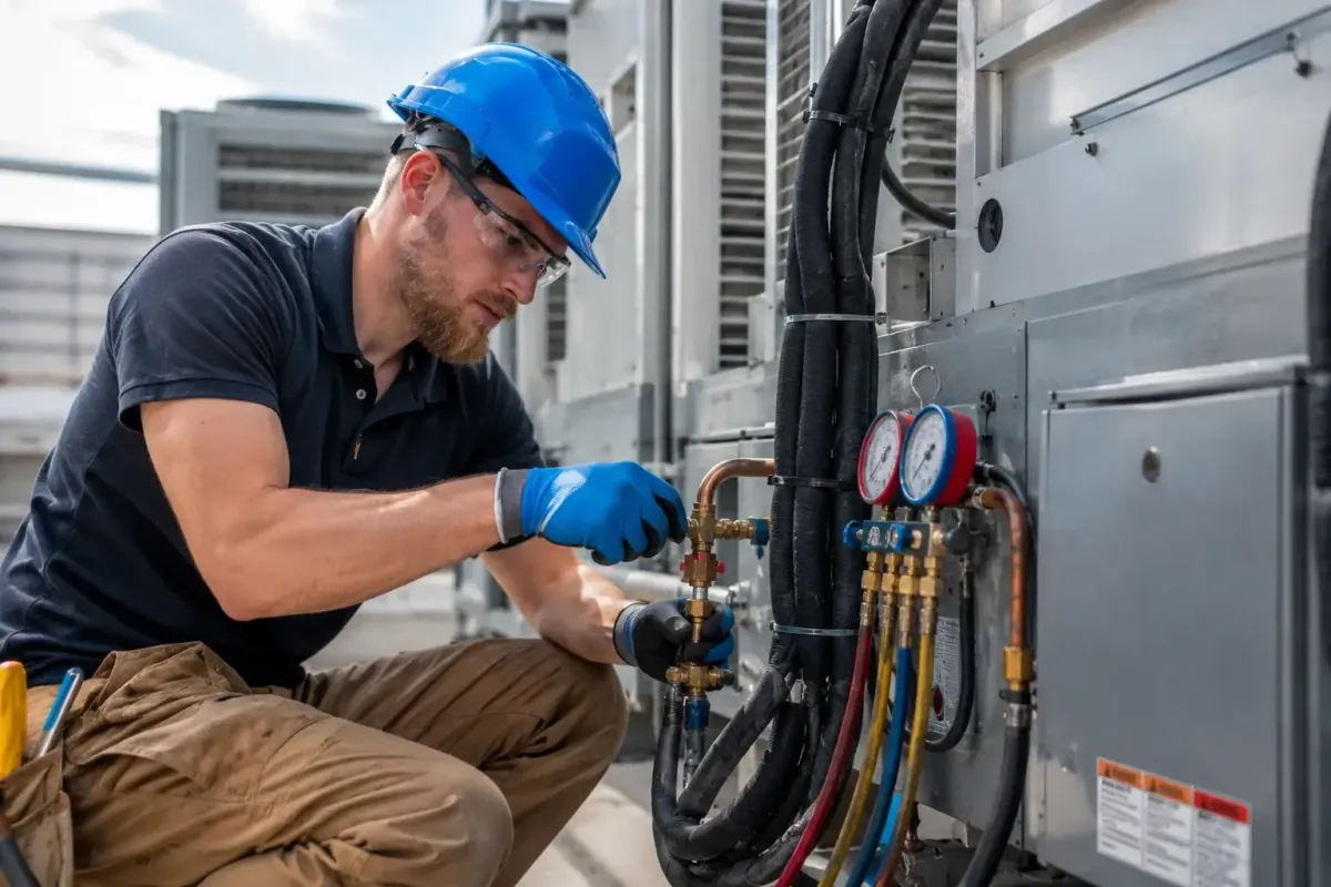 Sawyer Facilities Group technician inspecting a commercial HVAC system