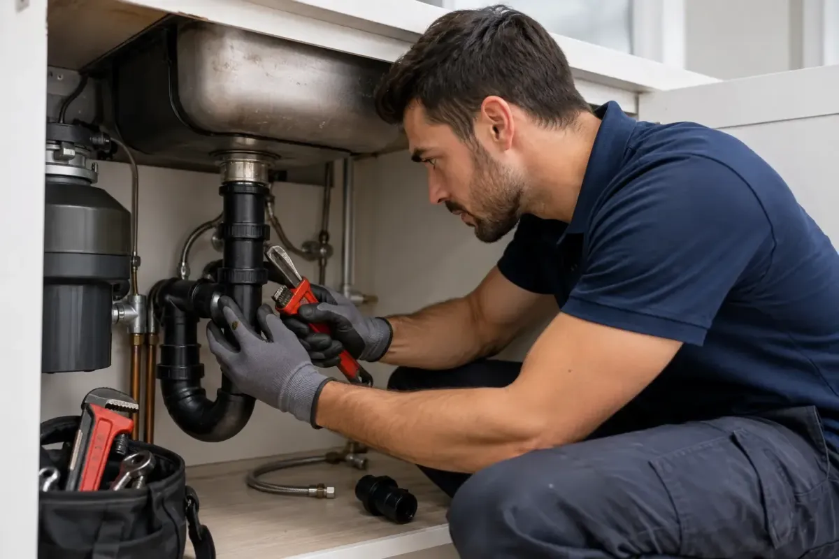 Commercial plumber inspecting plumbing pipes in a building