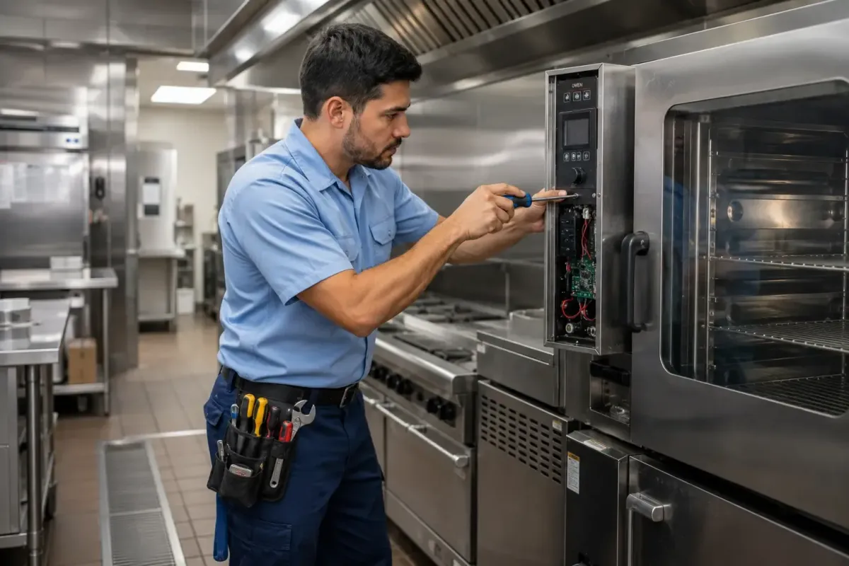 Technician repairing commercial kitchen equipment