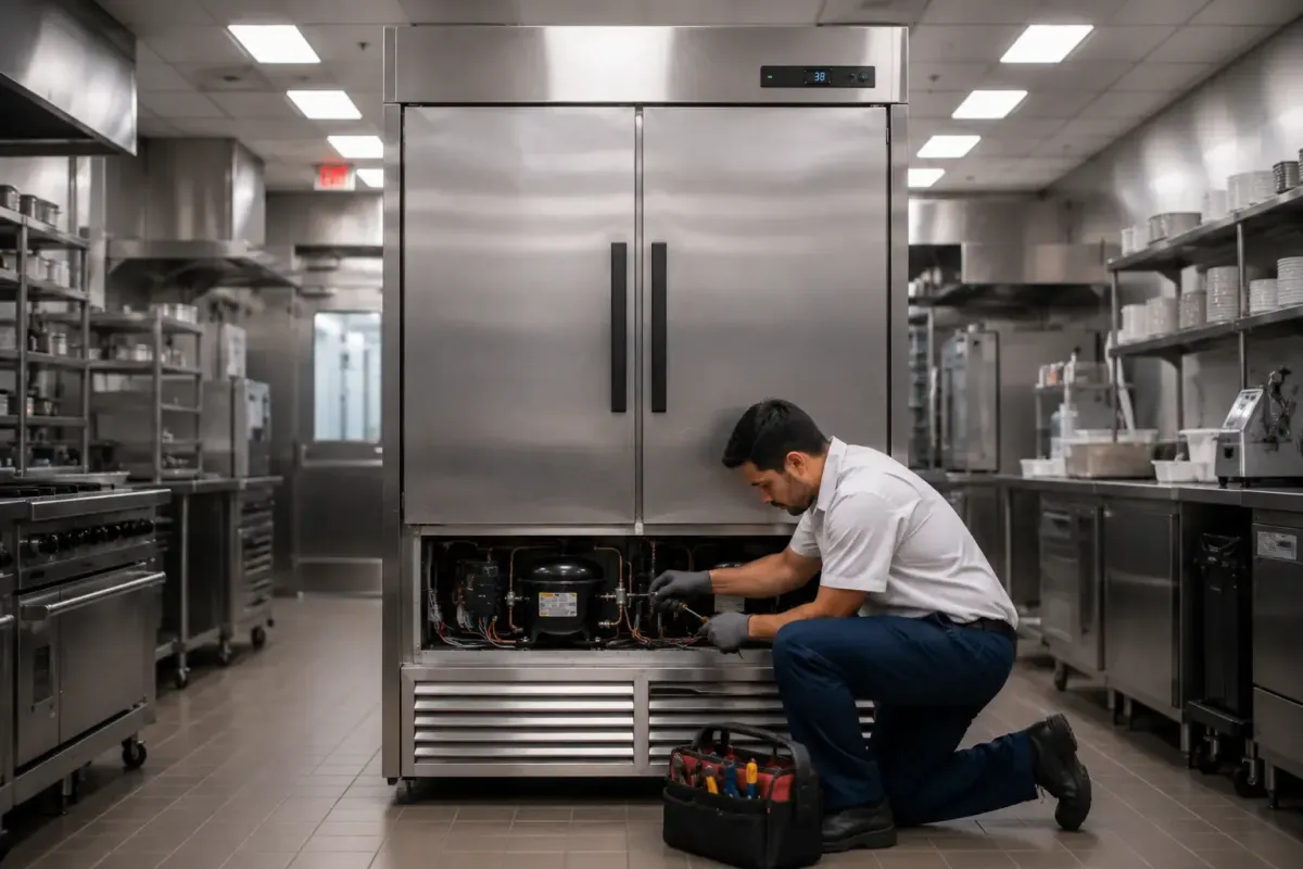 Technician repairing commercial refrigeration equipment