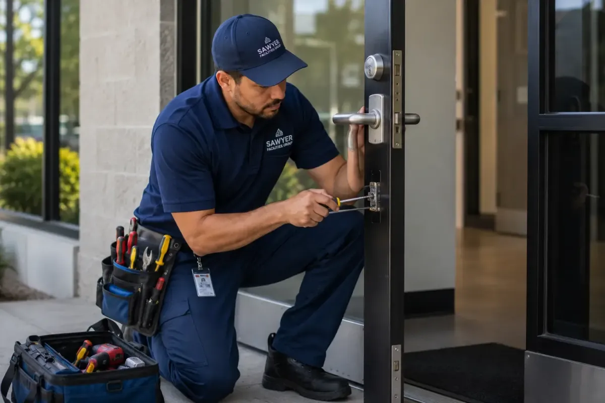 Technician repairing commercial doors and locks