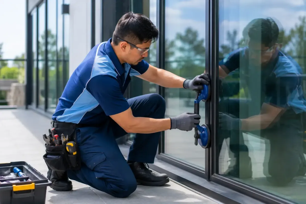 Technician repairing commercial glass