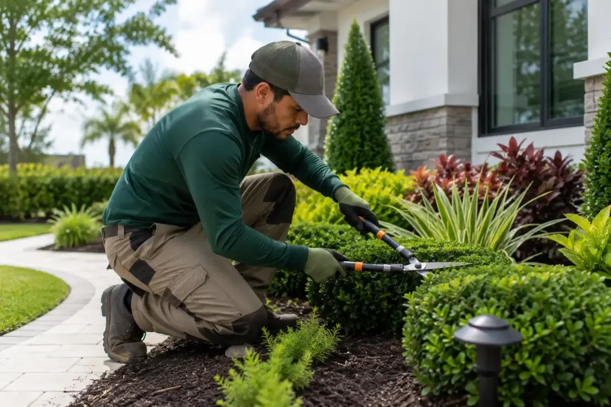 Technician maintaining commercial landscaping