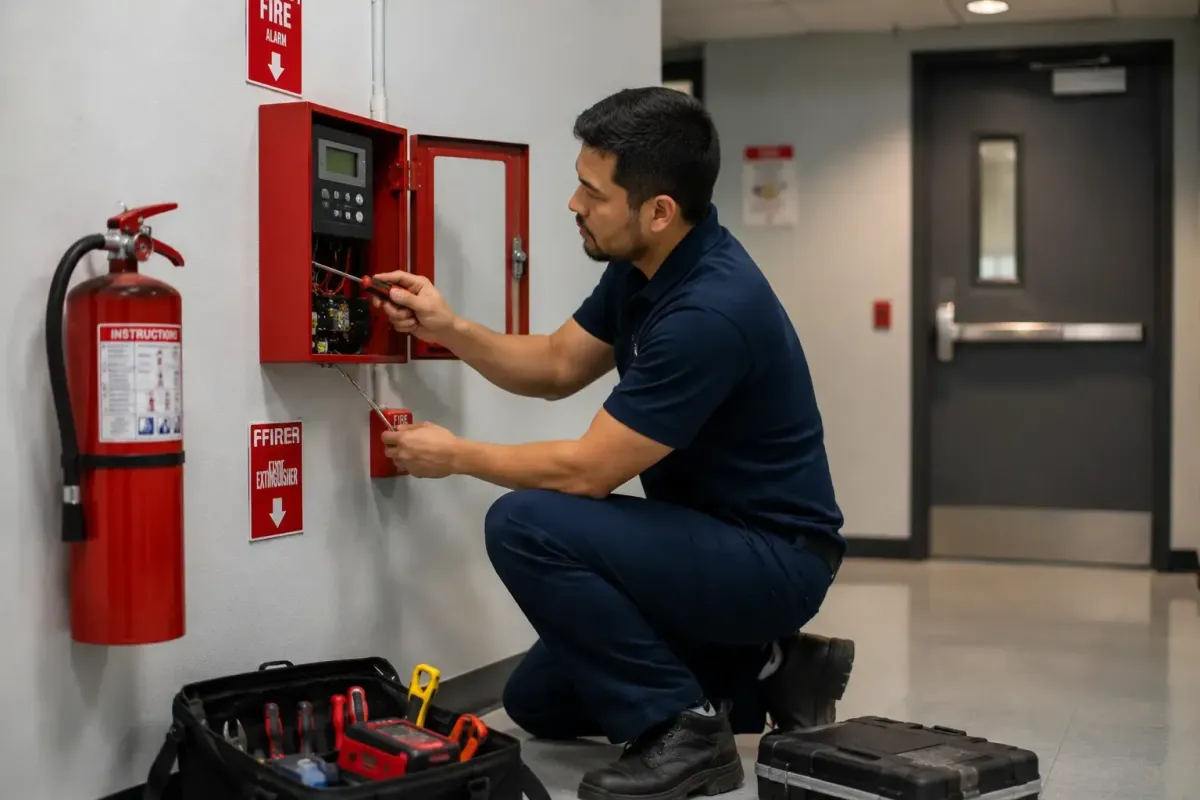 Technician inspecting commercial fire and life safety systems