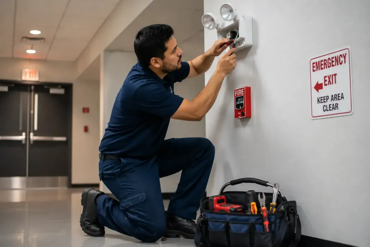 Technician performing emergency commercial facility repairs