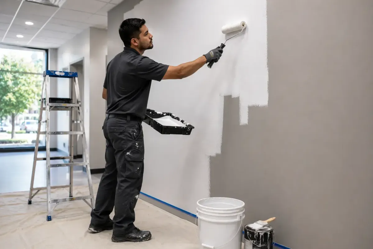 Professional painter applying paint to a commercial building