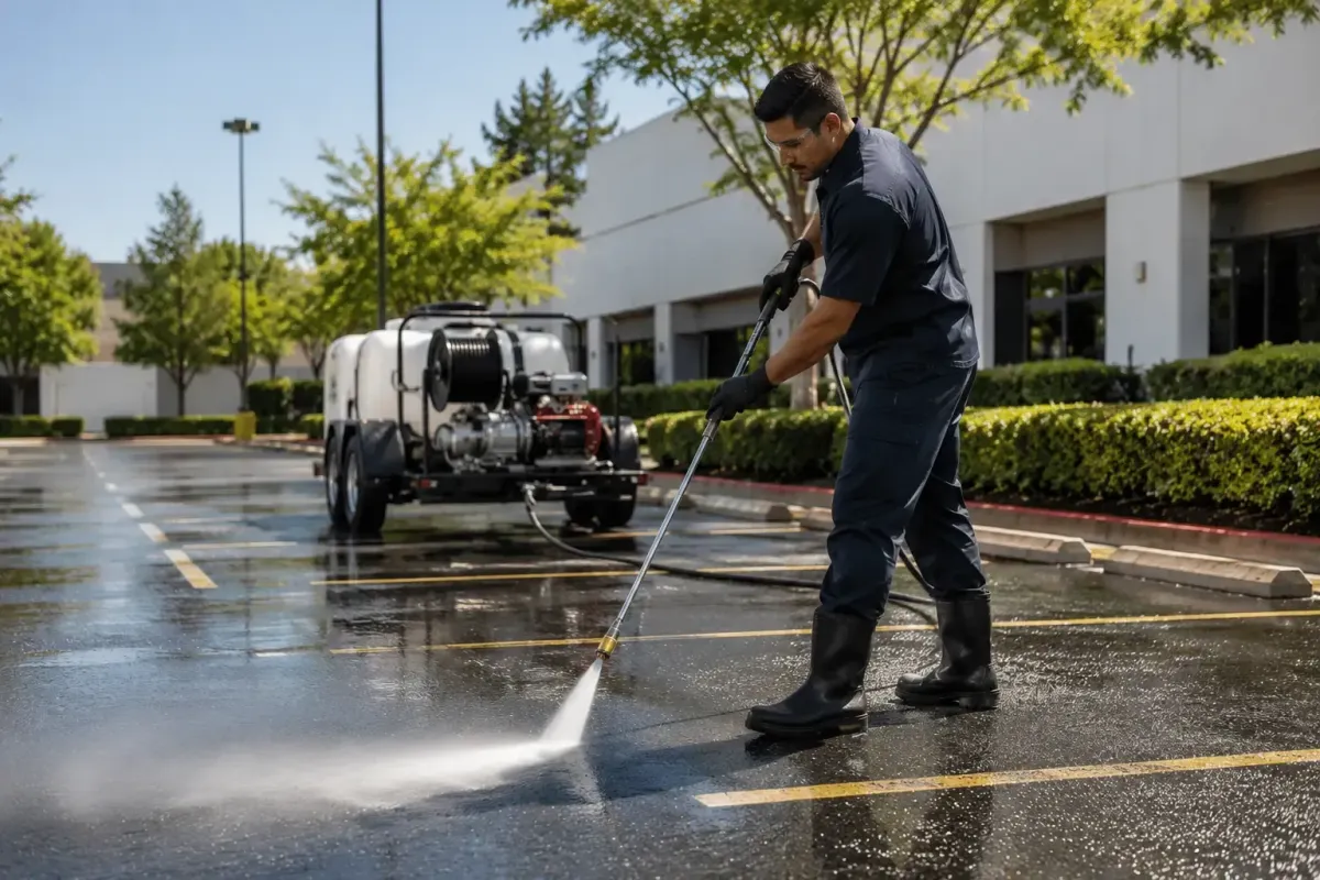 Technician performing commercial parking lot maintenance