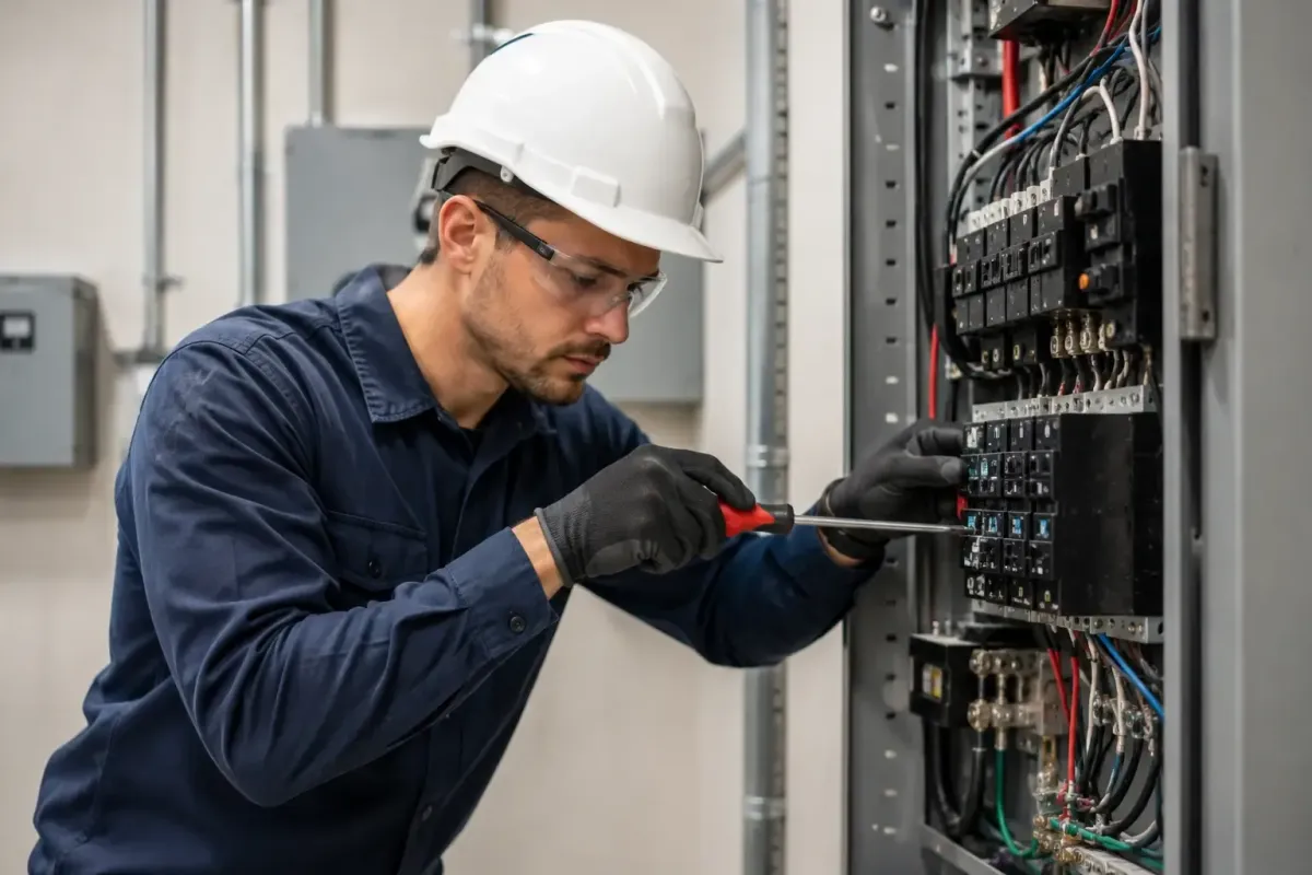 Commercial electrician repairing an electrical panel
