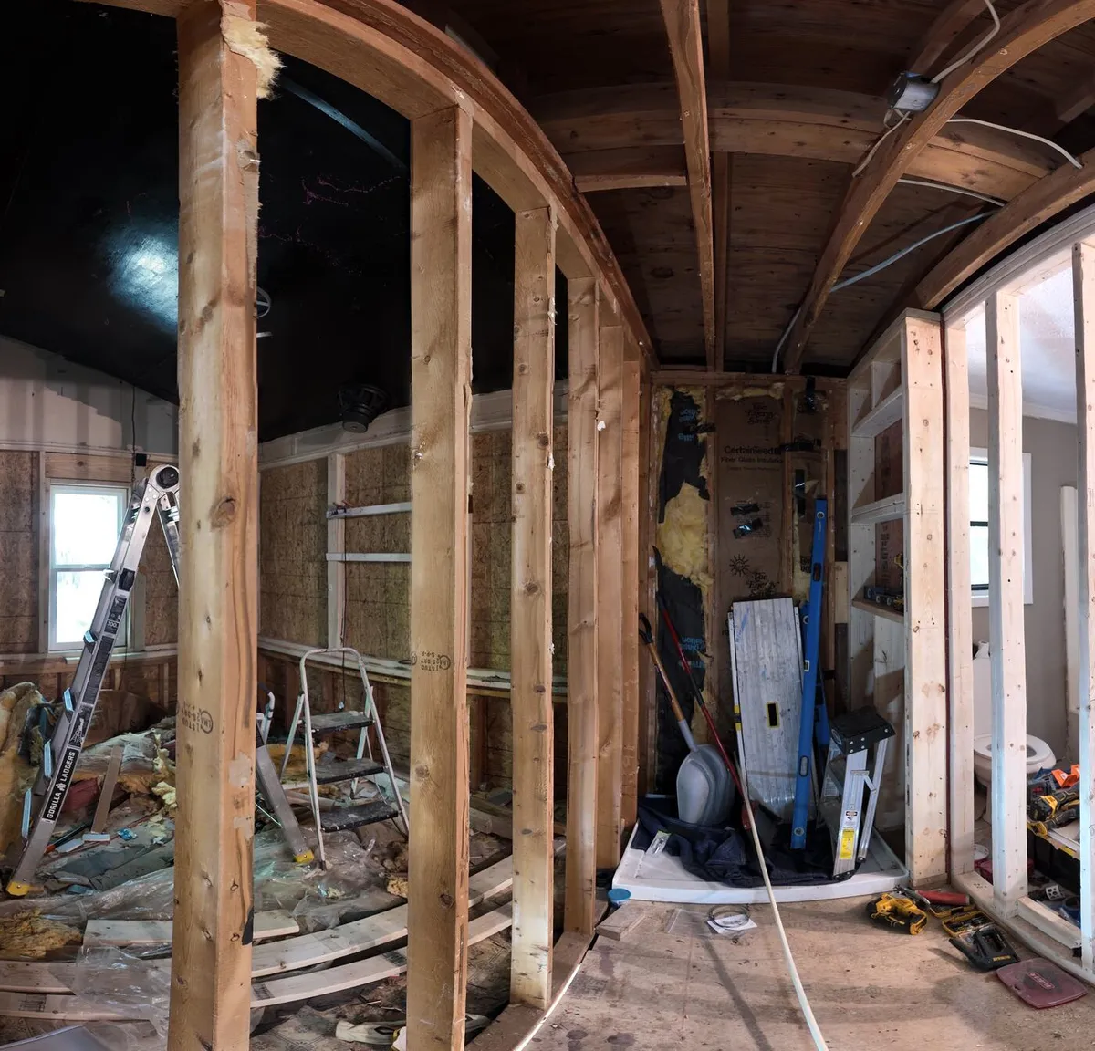Open stud walls during a renovation