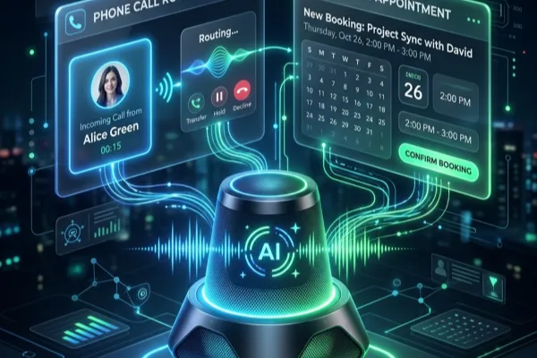 A sleek AI voice assistant handling phone calls and bookings for a local business.