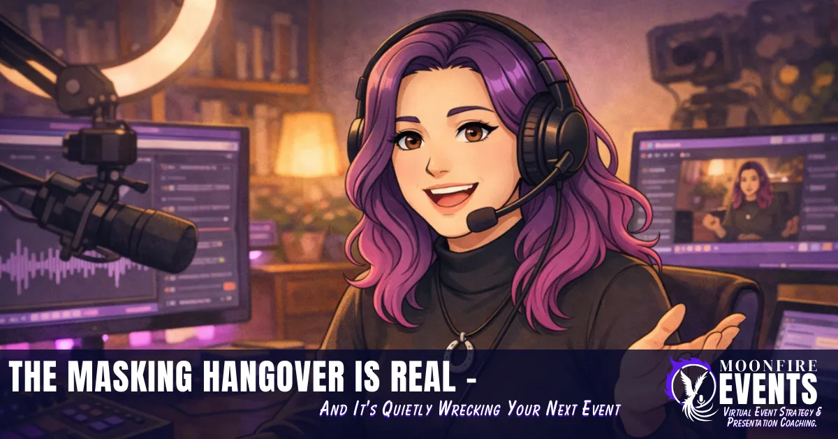 Woman in her 40s at home office desk after a virtual event, leaning back in a deliberate moment of rest, warm purple-toned lighting.