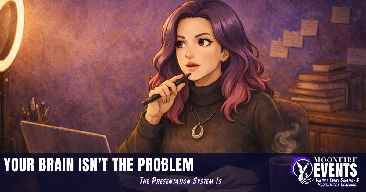 Woman at desk mid-thought, focused expression, purple tones -  on-camera presence coaching for neurodivergent entrepreneurs