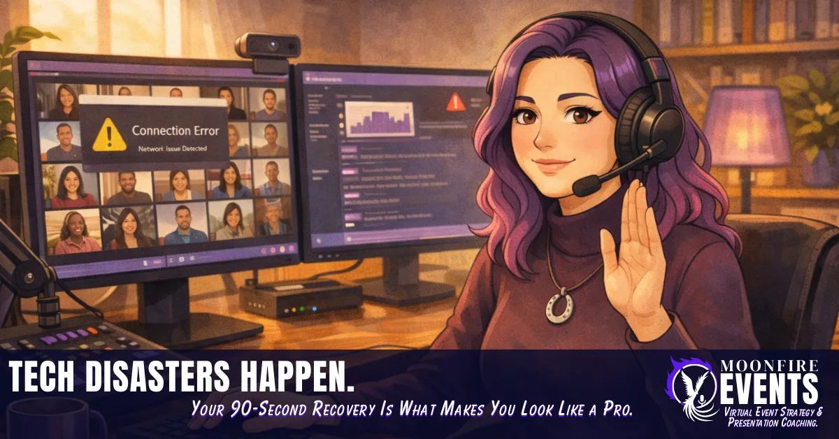 Virtual event host staying calm during a tech crisis at her home office desk during a live event.