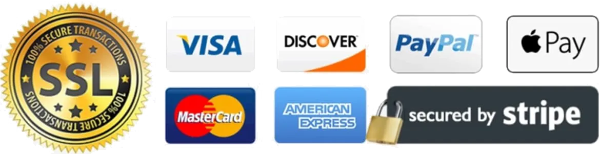100% Secure SSL Transactions Visa, MasterCard, American Express, Discover, Paypal, Apple Pay, Stripe