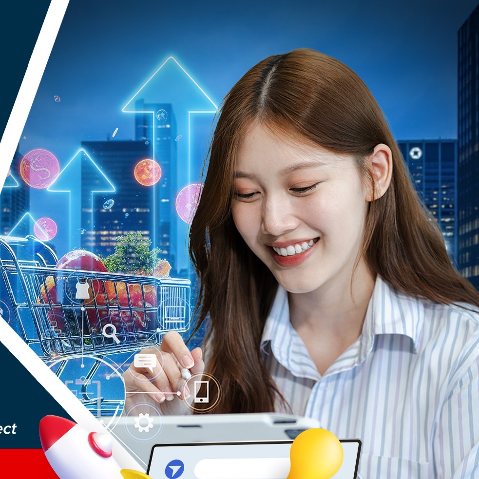 Professional woman smiling with digital overlay and 3D rocket icon