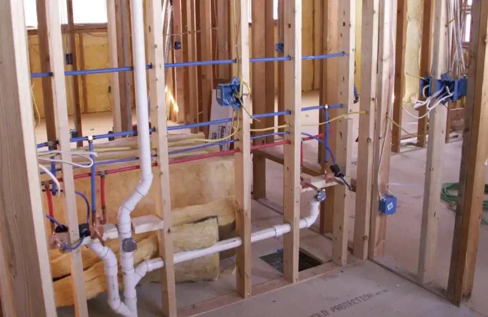 New plumbing pipes and water lines installed inside framed walls
