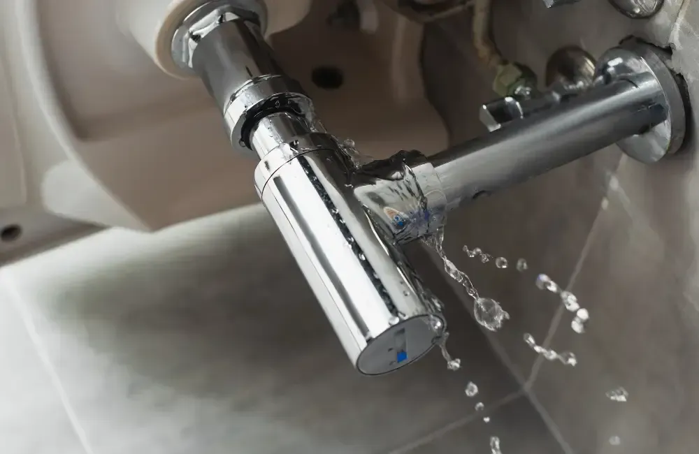 Water leaking from a damaged plumbing pipe connection beneath a sink