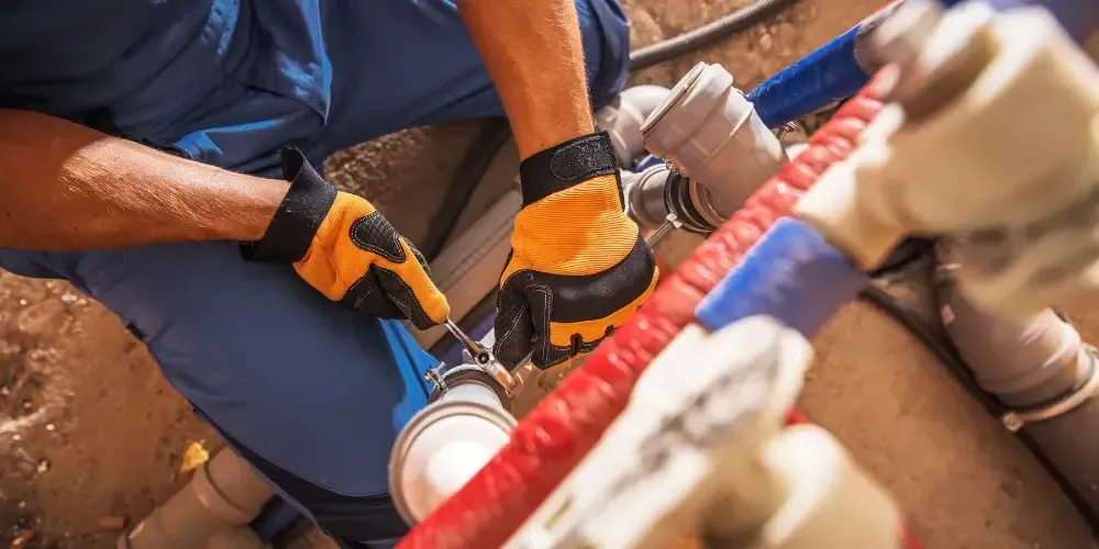 Plumber servicing exposed commercial plumbing pipes and fittings.