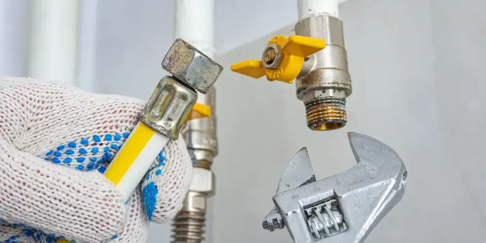 Technician working on a gas line connection with a shutoff valve.