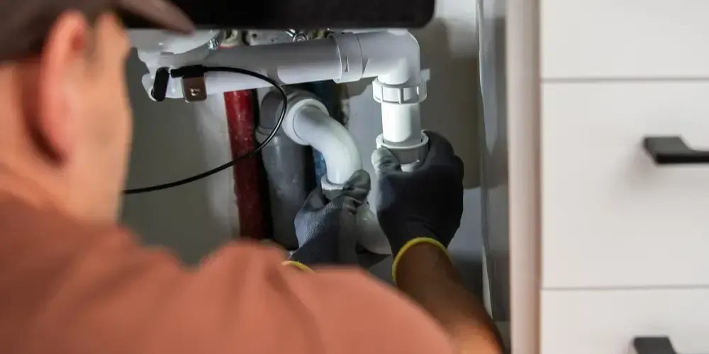 Plumber inspecting and servicing drain pipes beneath a sink.