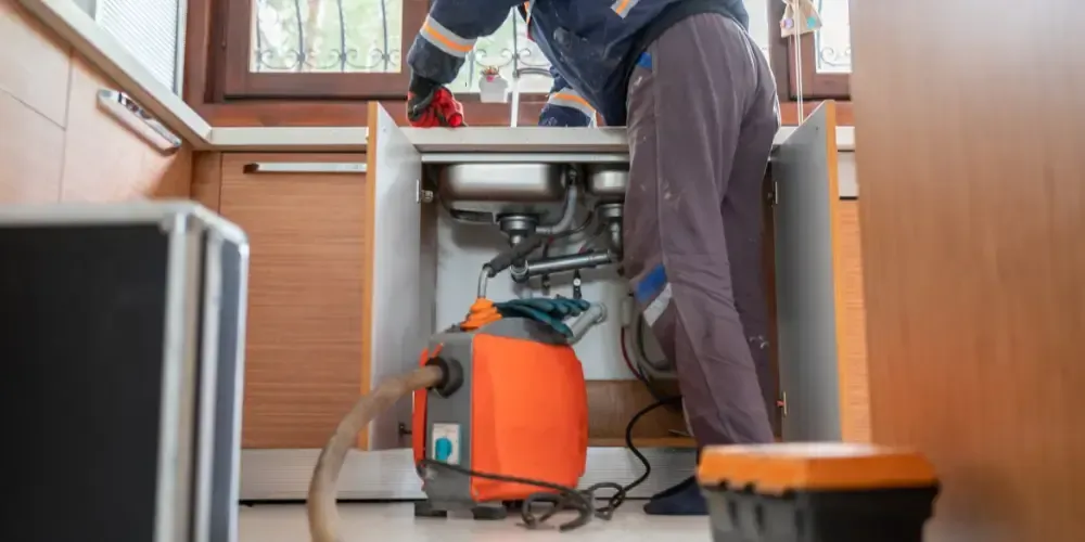 Plumber using a drain-cleaning machine to clear a clogged sink line.