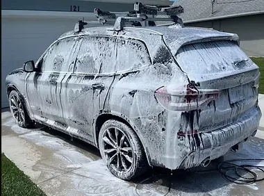 A luxury SUV being detailed in a residential driveway, with a technician using a high-pressure washer, surrounded by lush greenery and sunlight, emphasizing convenience and premium service at home.