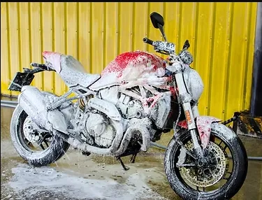 A luxury SUV being detailed in a residential driveway, with a technician using a high-pressure washer, surrounded by lush greenery and sunlight, emphasizing convenience and premium service at home.