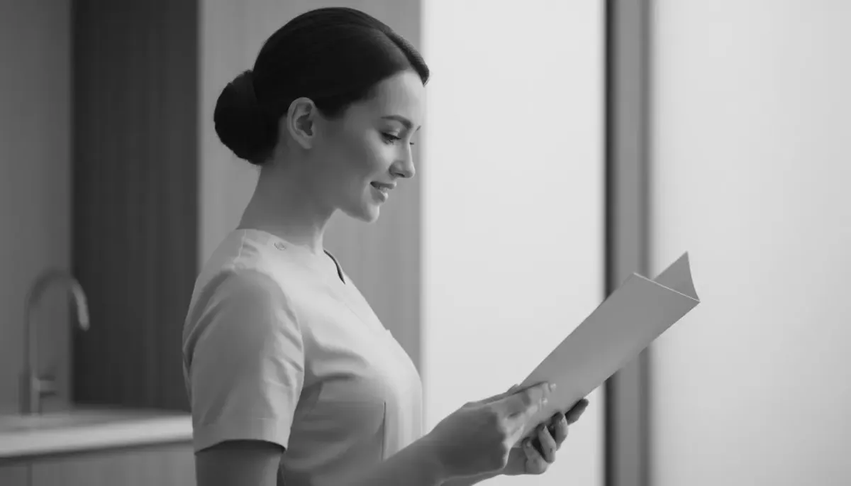 COSMETIC DENTAL staff member glancing at a folder with a patient's medical information.