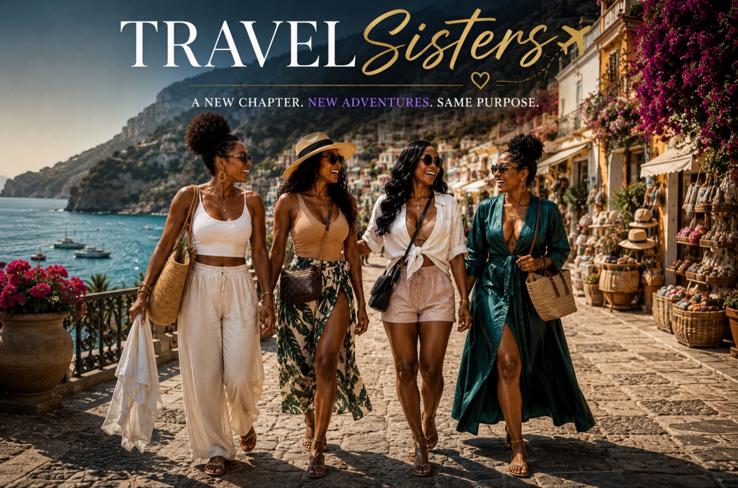 A group of cheerful Black women dressed in stylish pink and white outfits, smiling and walking together outdoors.