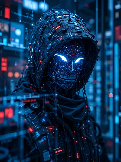 Creepy personification of a cyber security threat - a dark, ghostly creature with LED eyes. a digital skull face, and a hoodie made of electronic components