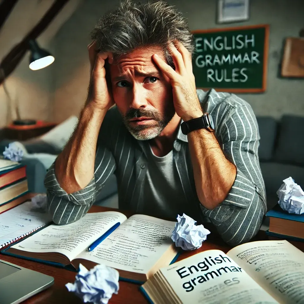 an adult man frustrated about learning English grammar