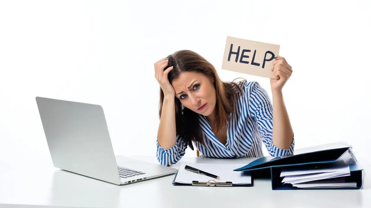 an adult woman at her desk asking for help with speking english