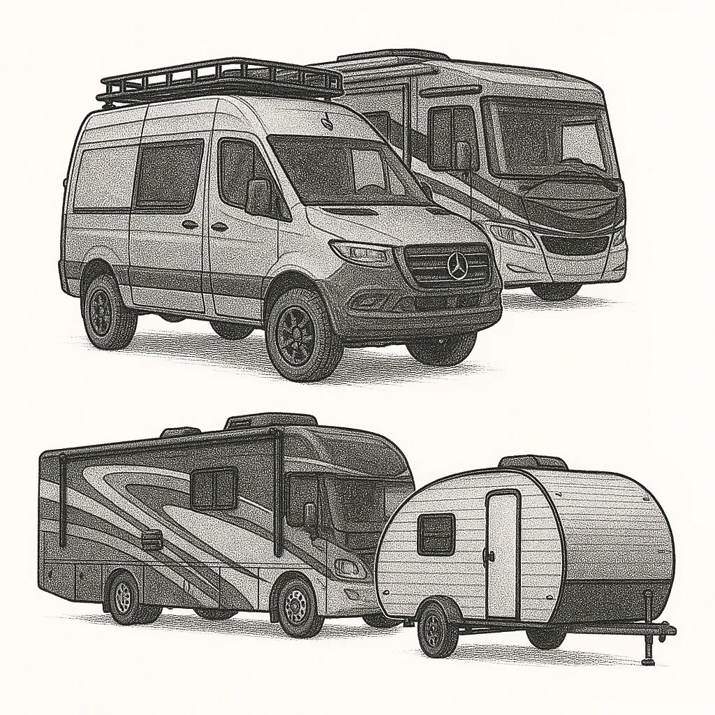 sketch of motorhomes vans trailers for online advertising audiences